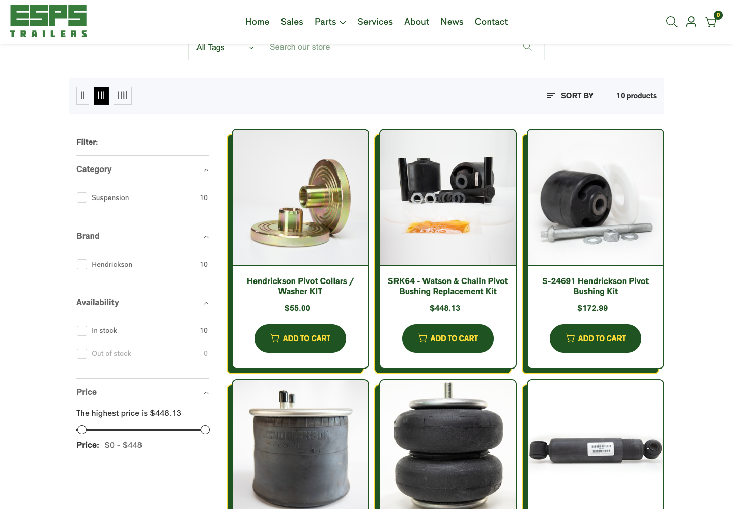 ESPS Trailer Parts Hendrickson collection with category, brand, availability and price filters