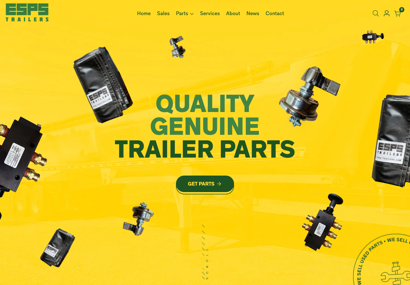 ESPS Trailer Parts homepage hero reading Quality Genuine Trailer Parts