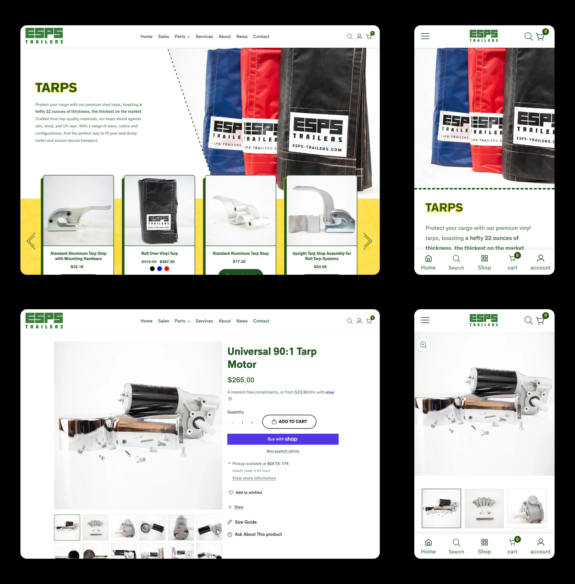 ESPS Trailer Parts tarps section and tarp motor product page shown side by side on desktop and mobile