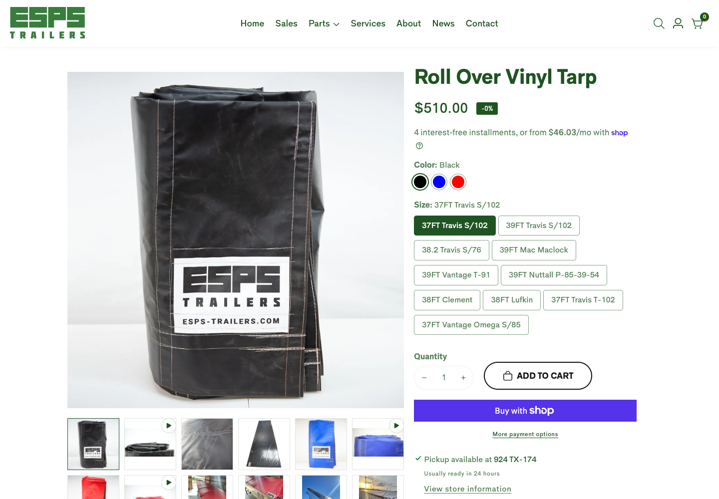 ESPS Trailer Parts roll over vinyl tarp product page with color and size options