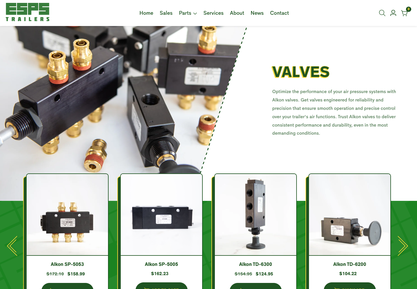 ESPS Trailer Parts valves section with a carousel of Alkon valves