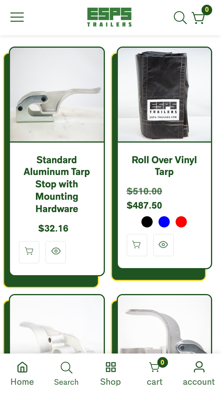 ESPS Trailer Parts tarps collection grid on mobile