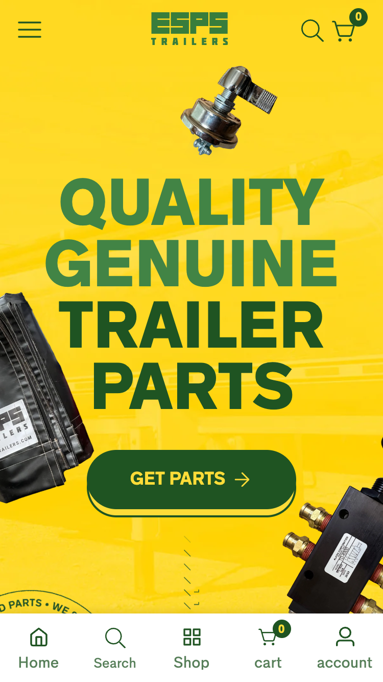 ESPS Trailer Parts homepage on mobile with the Get Parts call to action