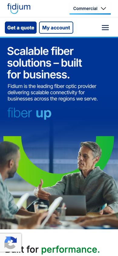Fidium Business mobile homepage with scalable fiber solutions and business imagery