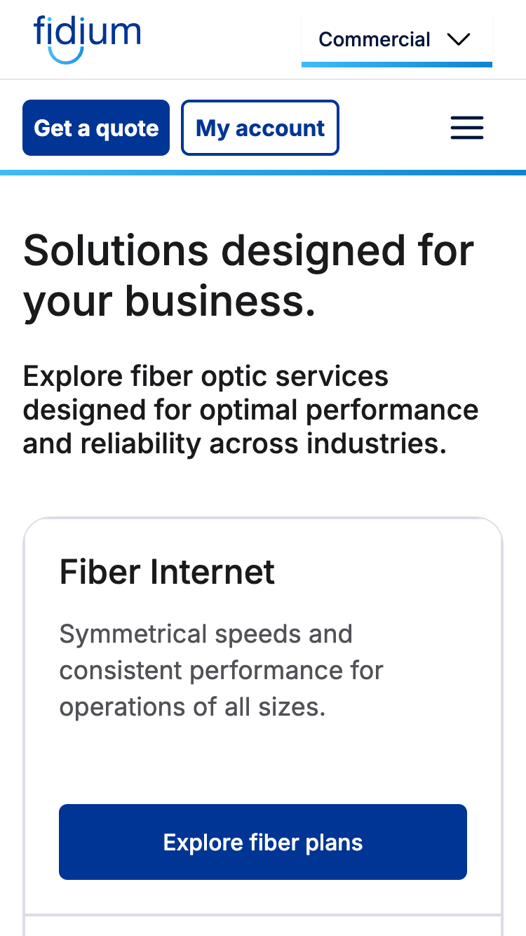 Fidium Business solutions introduction and Fiber Internet service card on iPhone SE
