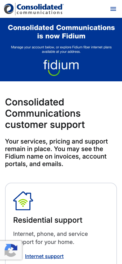 Consolidated Communications mobile homepage announcing Fidium and customer support services