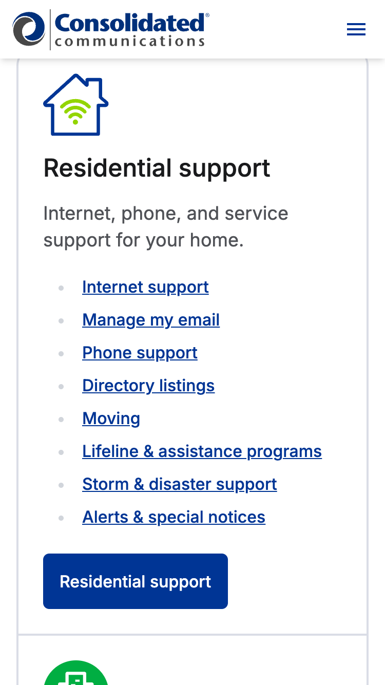 Consolidated Communications residential support card with account and service links on iPhone SE