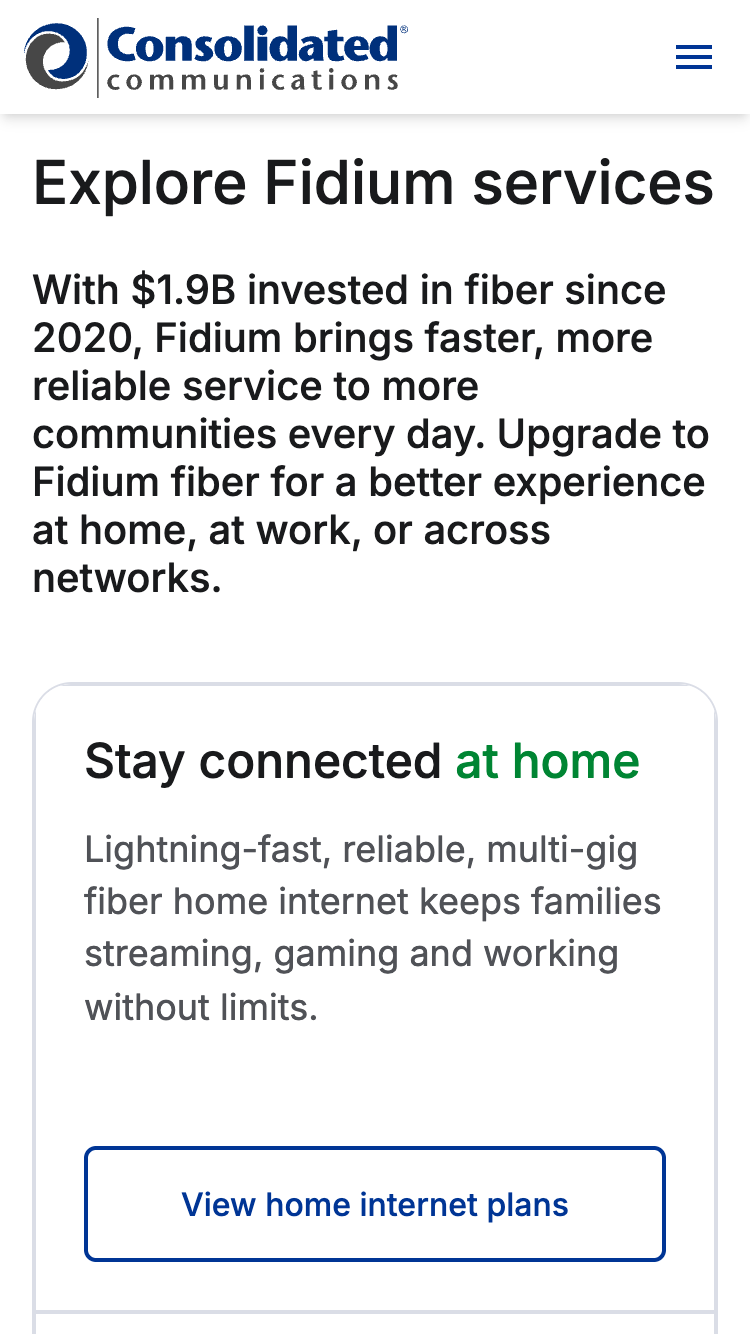 Consolidated Communications Fidium services introduction and home internet card on iPhone SE