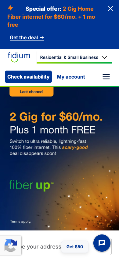 Fidium Fiber mobile homepage with residential internet offer and availability search