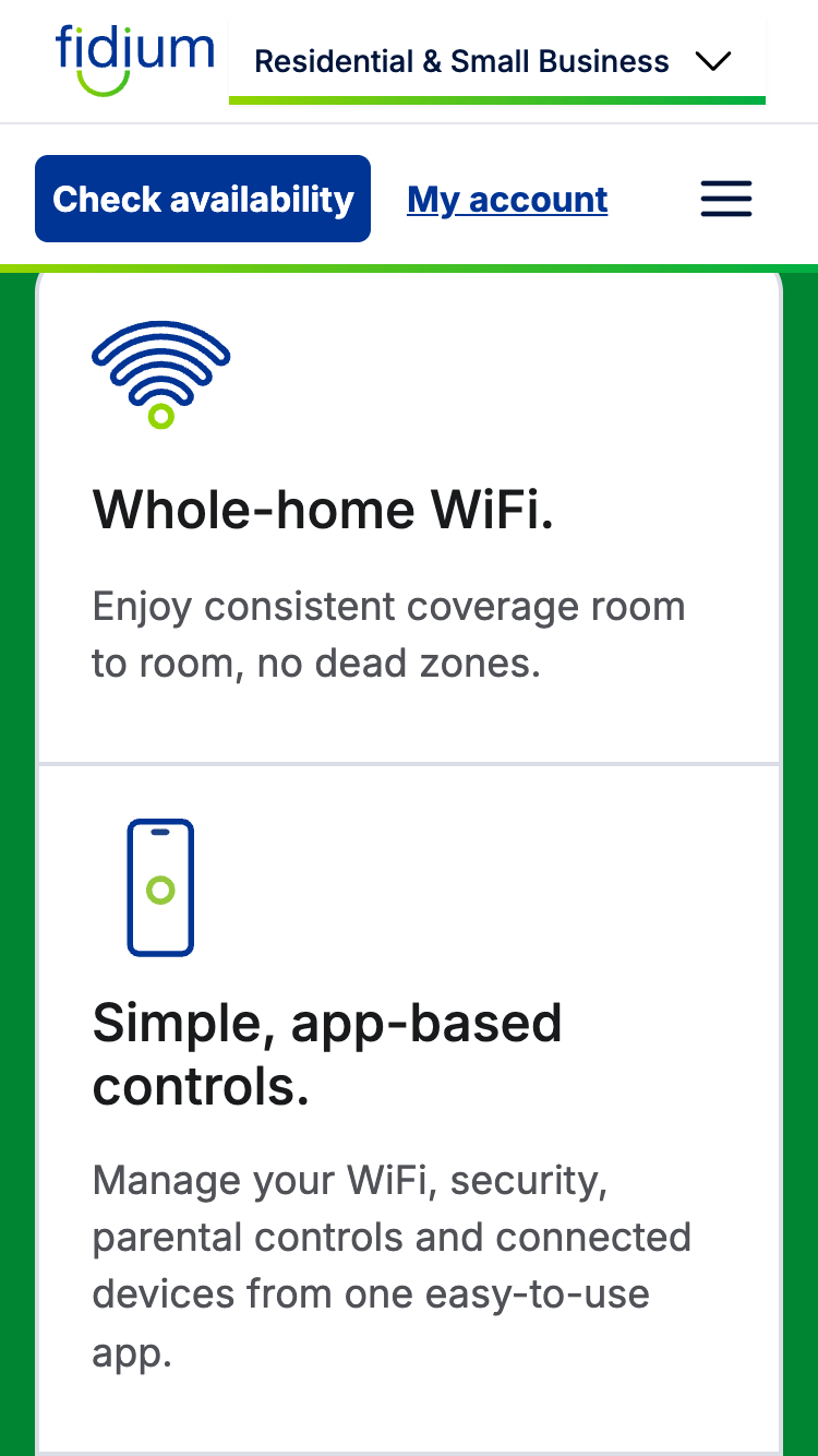 Fidium Fiber whole-home WiFi and app controls feature cards on iPhone SE