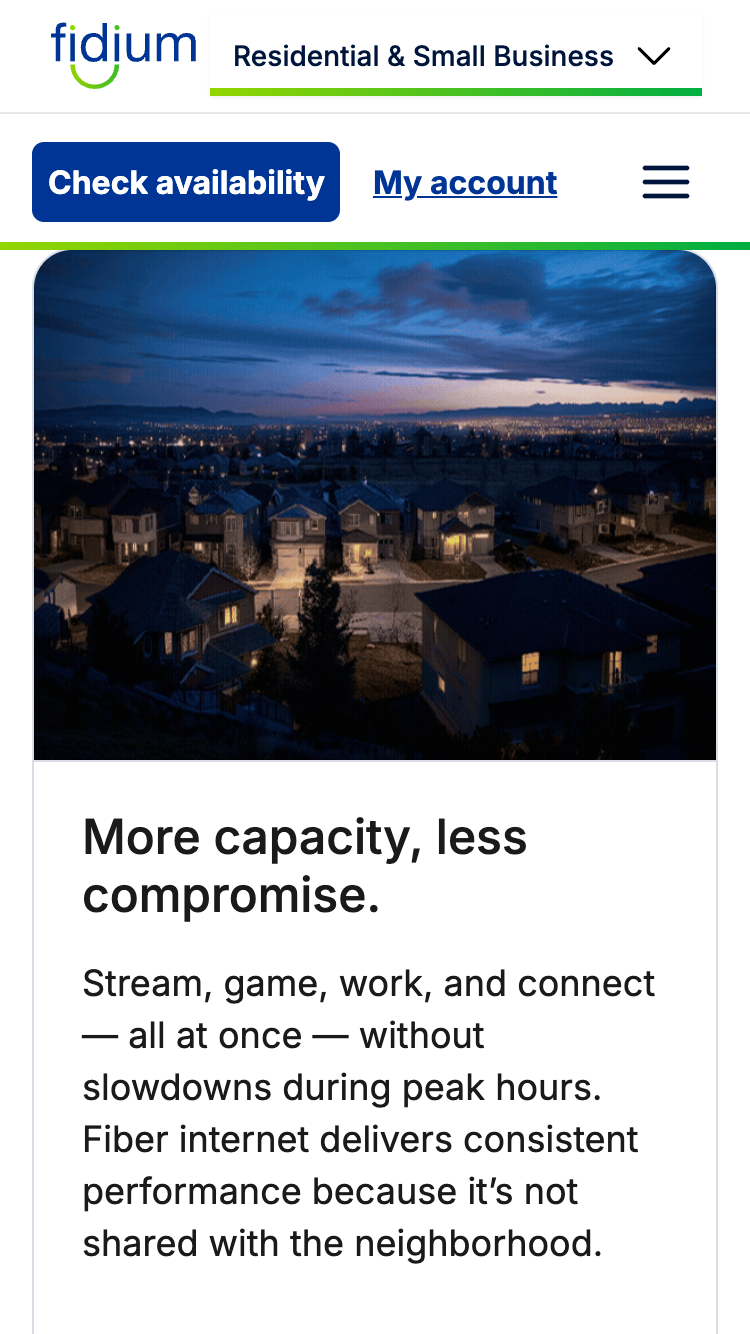 Fidium Fiber neighborhood photography and fiber capacity feature card on iPhone SE