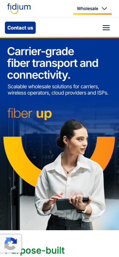 Fidium Wholesale mobile homepage featuring carrier-grade fiber transport and connectivity