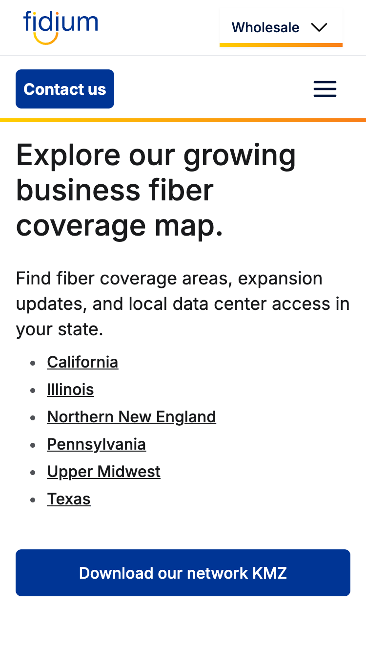 Fidium Wholesale fiber coverage links and network download button on iPhone SE