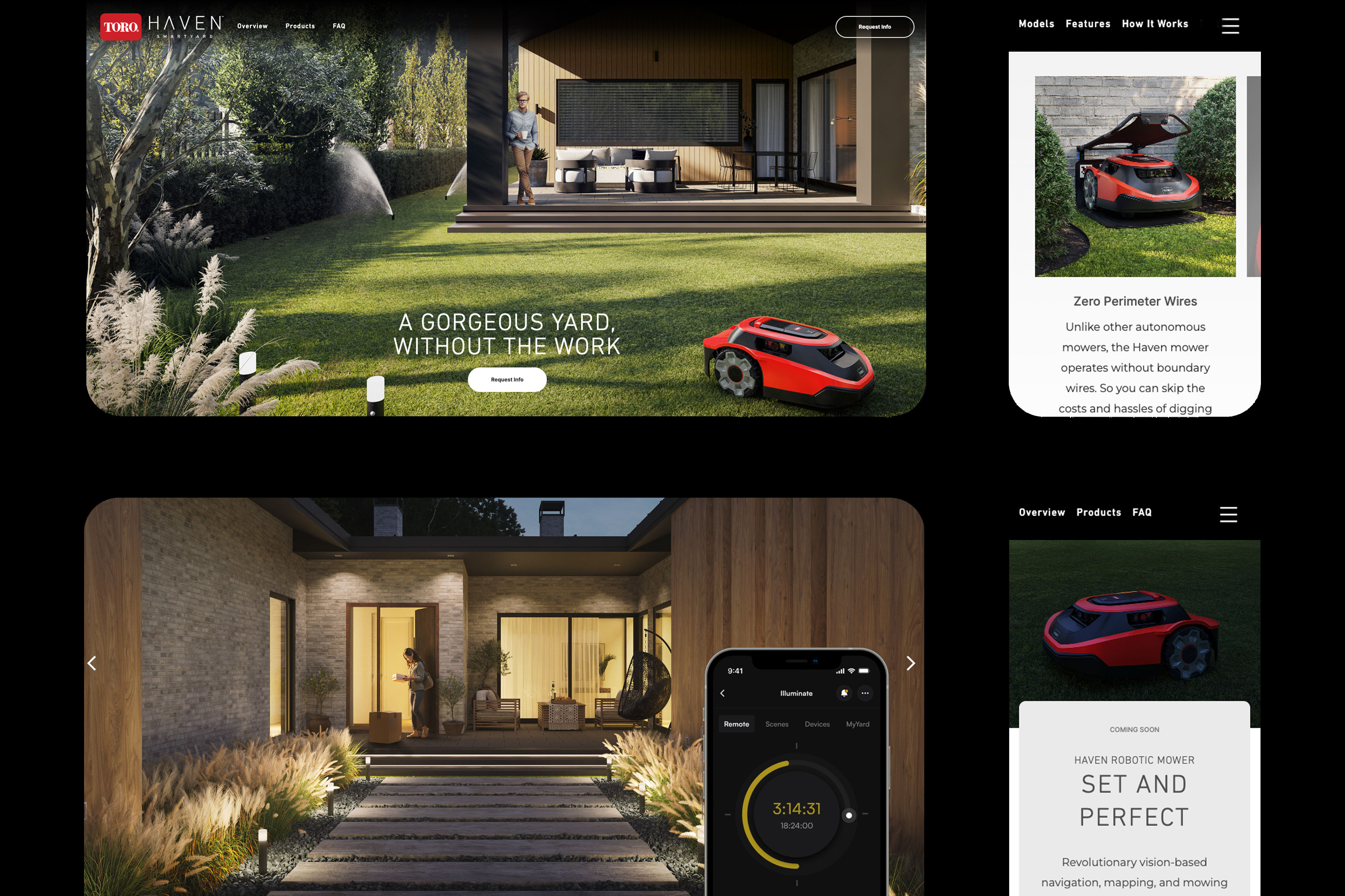 Toro Haven desktop and mobile website layouts showing the homepage, mower features, and smart yard controls