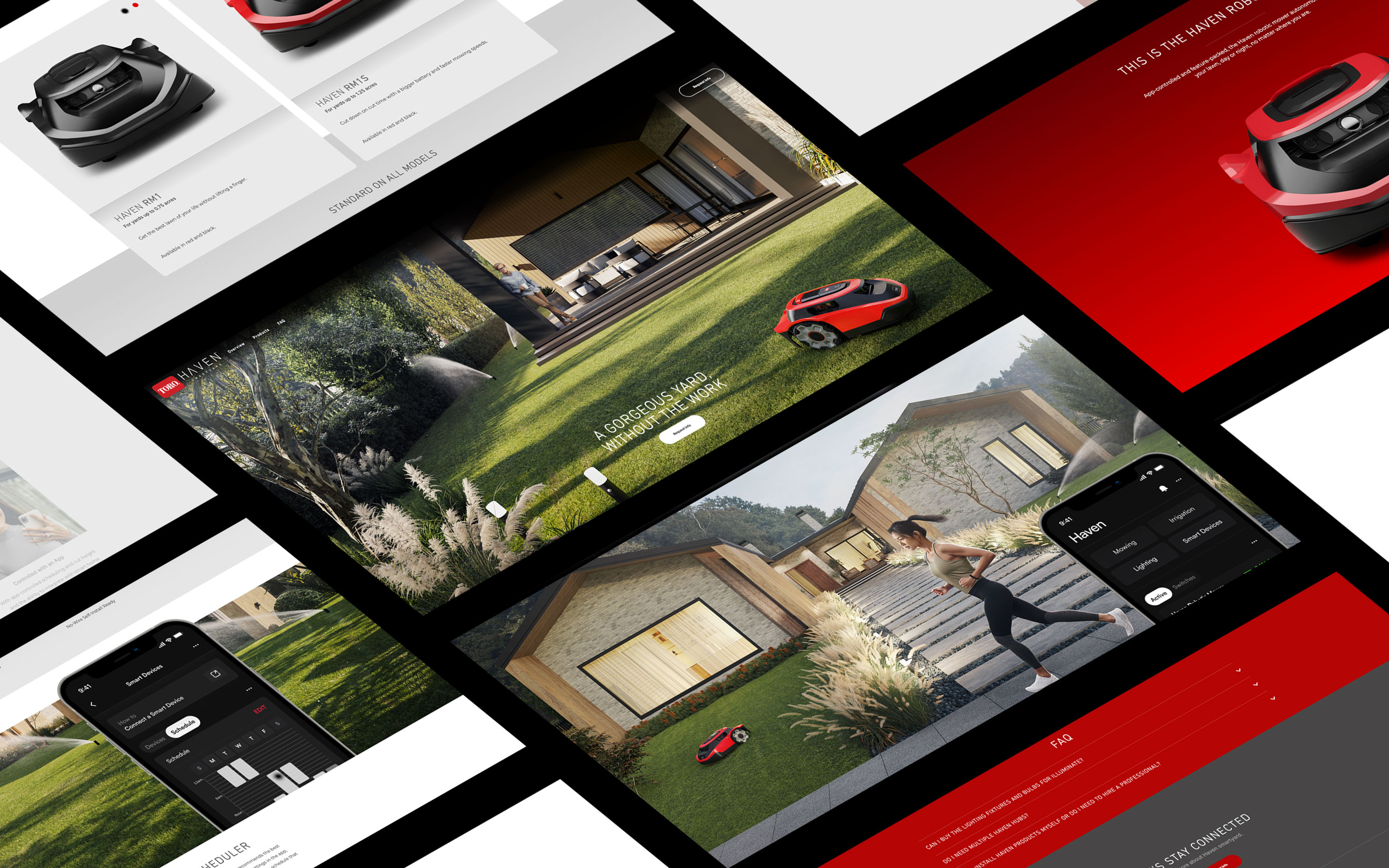 Angled collage of Toro Haven website pages featuring robotic mowers and smart yard products